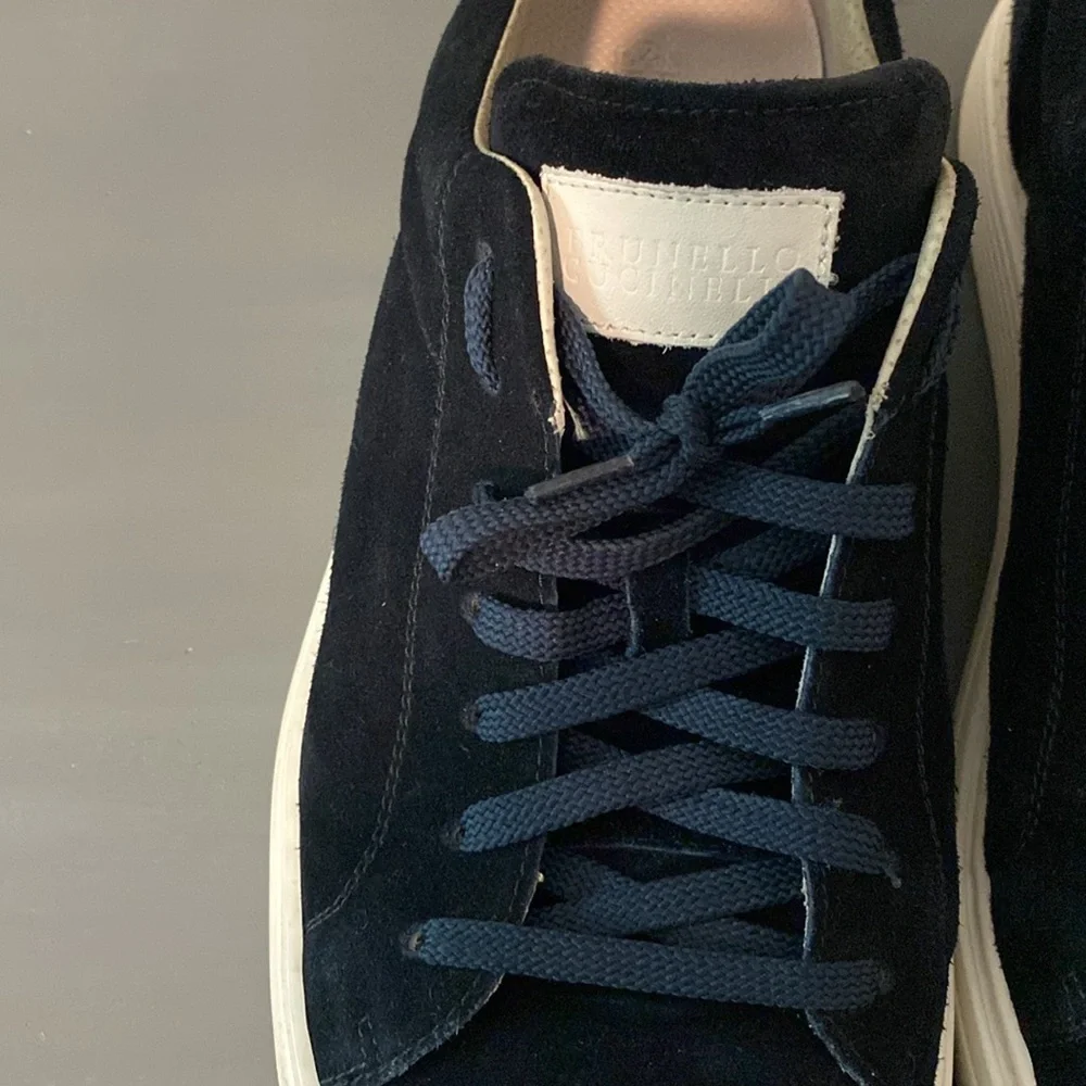 Brunello Cucinelli Navy Suede Sneakers with Cream Trim - Picture 5 of 8